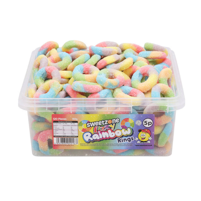 Halal Rainbow Fizzy Rings in Sweet Tub